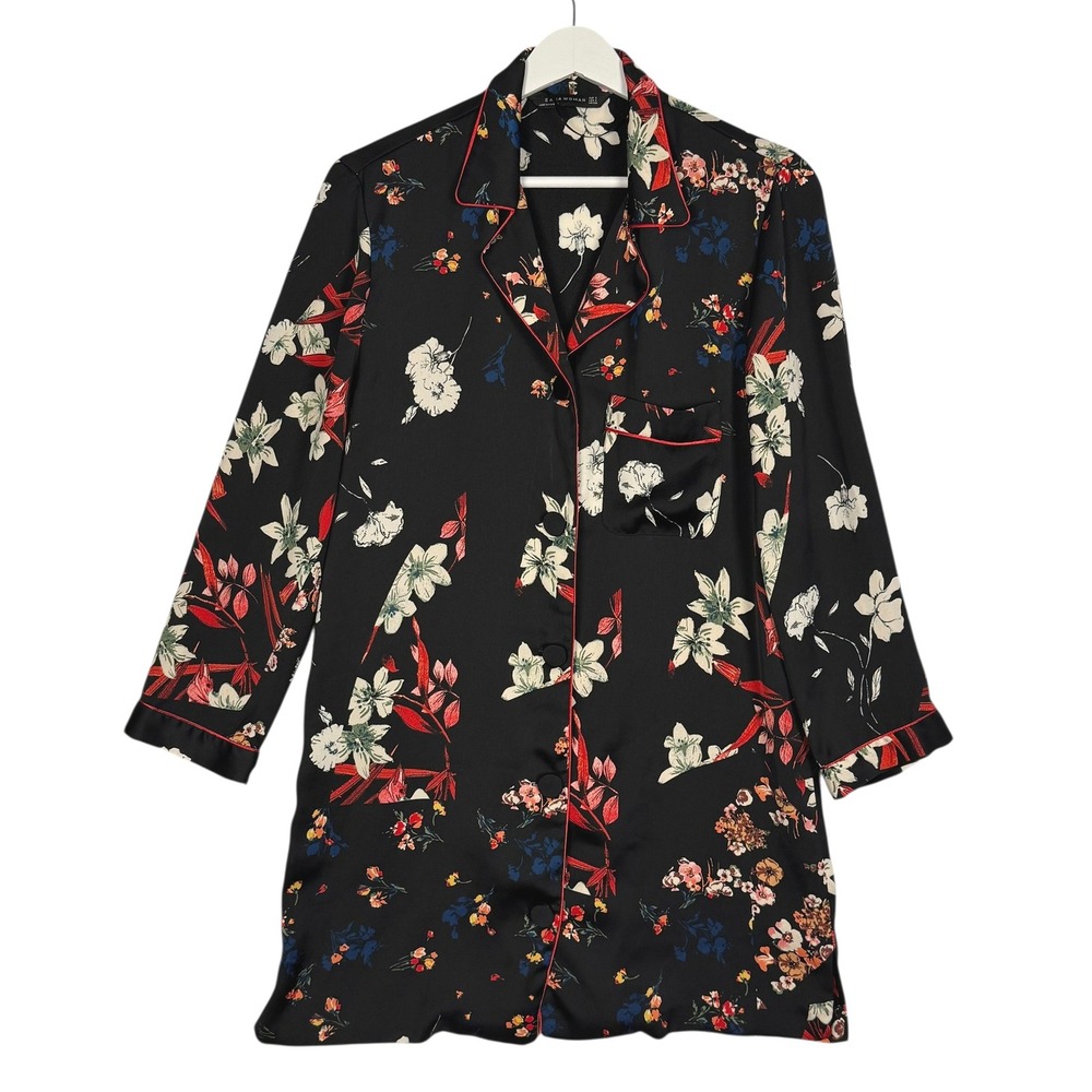Zara Woman Black Floral Pajama Shirt Dress Red Piping Button Up Satin Small